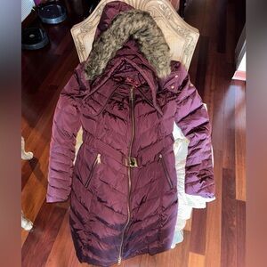 Michael Kors Women's Burgundy Puffer Coat with Faux Fur Hood